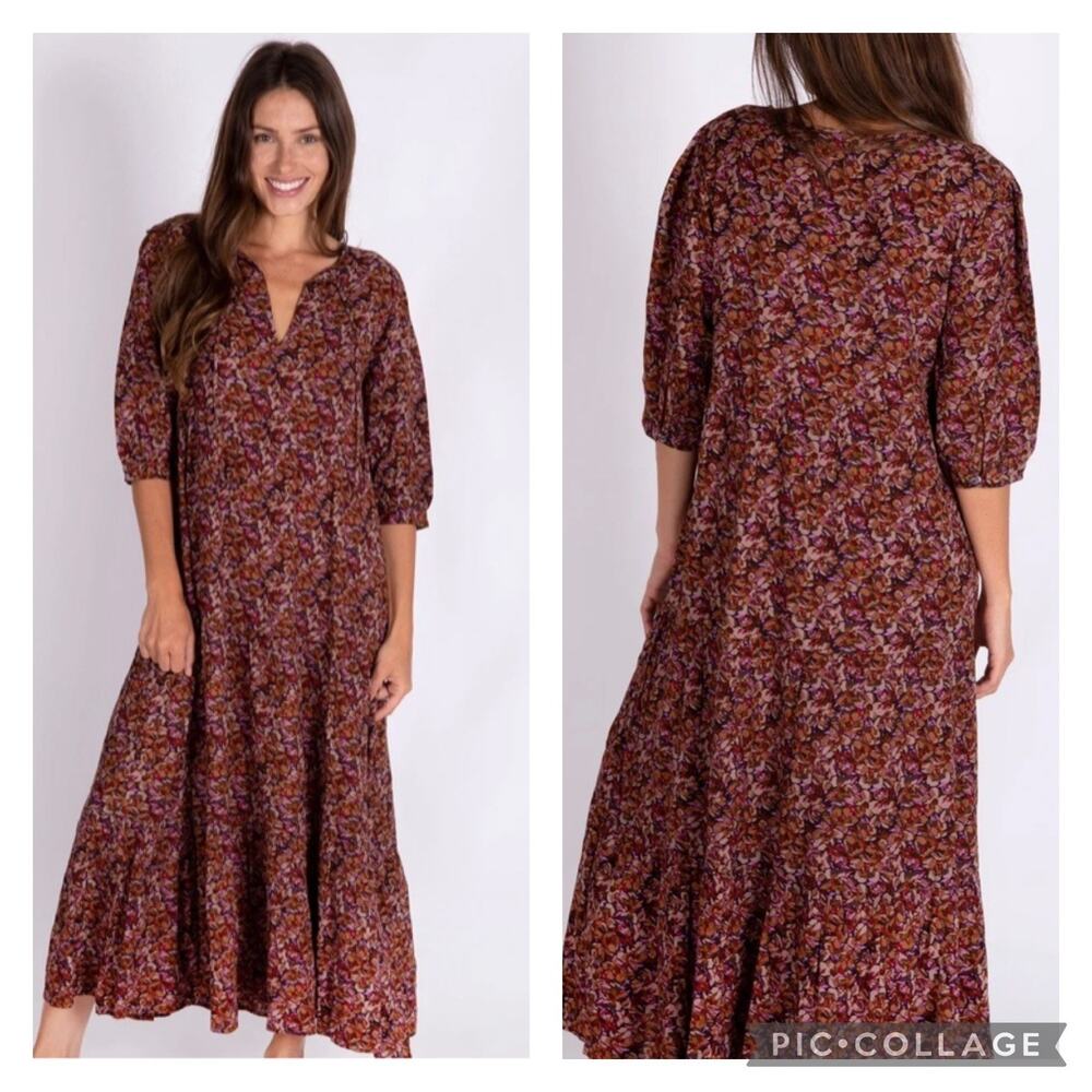 Natural Life Sage Maxi Dress Purple Floral Tiered Puffed Sleeves Boho Size L/XL